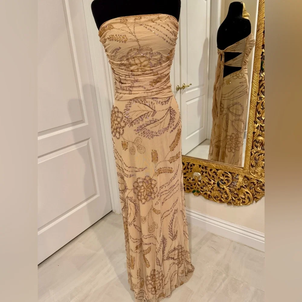 Elegant Strapless‎ hand beaded gold Evening Gown-stretch-Attitudes by Debra NWT